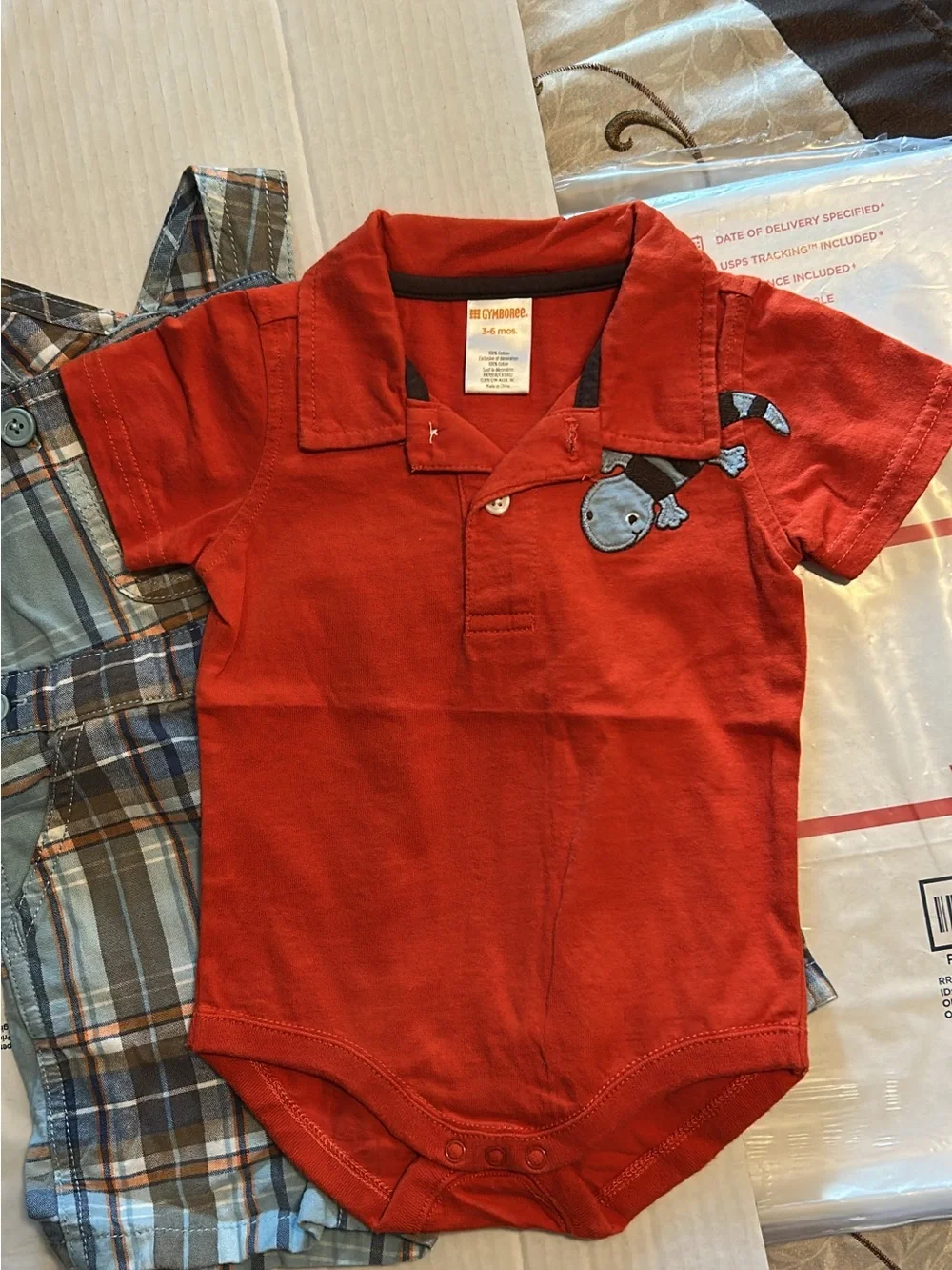 Gymboree Red Polo and Blue-Brown Plaid Short Overalls